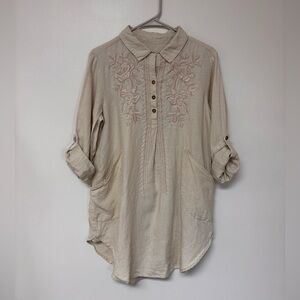 Kyla Seo 100% linen dress top embroidered boho bohemian pockets S